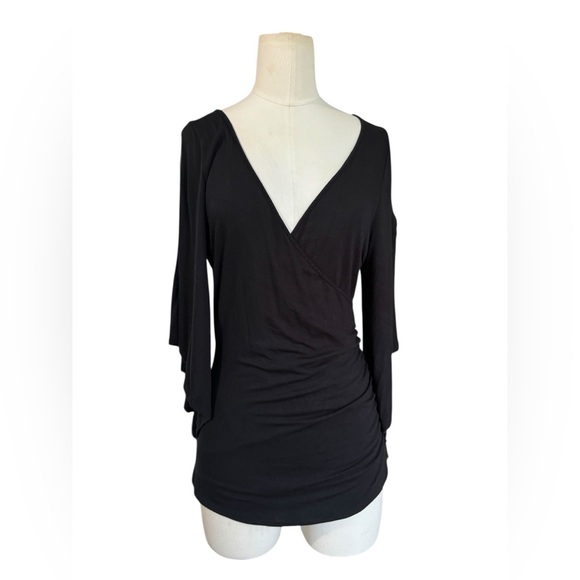 Boston proper Black Draped Surplice Top Split Bell Sleeve Blouse - Picture 3 of 7